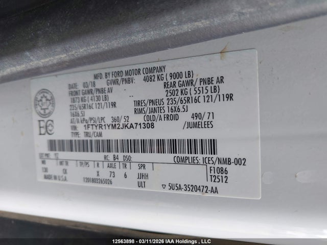 Продаж на аукціоні авто 2018 Ford Transit-250, vin: 1FTYR1YM2JKA71308, номер лоту: 12563898