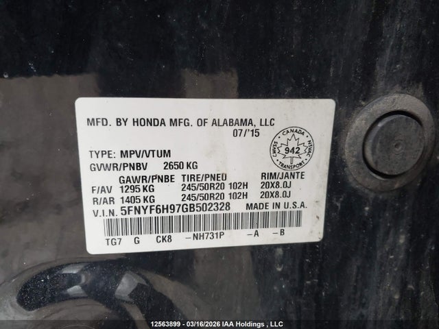 5FNYF6H97GB502328 Honda Pilot Touring