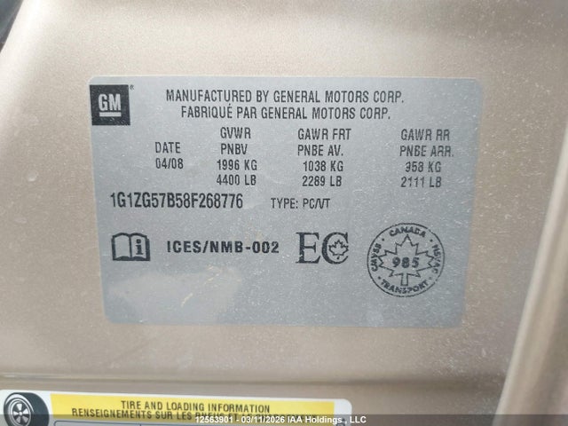 12563901 :رقم المزاد ، 1G1ZG57B58F268776 vin ، 2008 Chevrolet Malibu Ls مزاد بيع