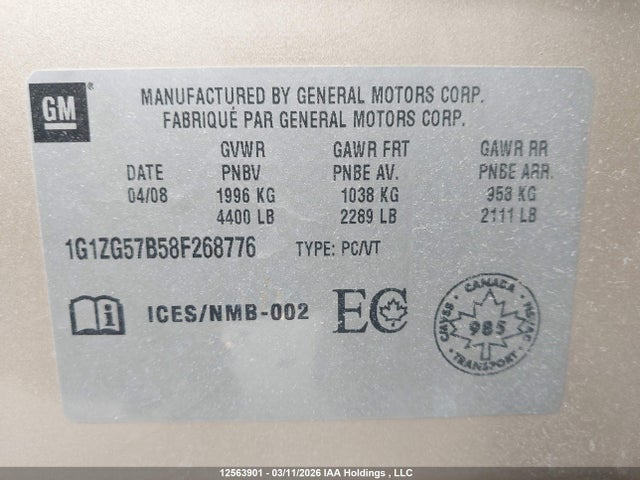 12563901 :رقم المزاد ، 1G1ZG57B58F268776 vin ، 2008 Chevrolet Malibu Ls مزاد بيع