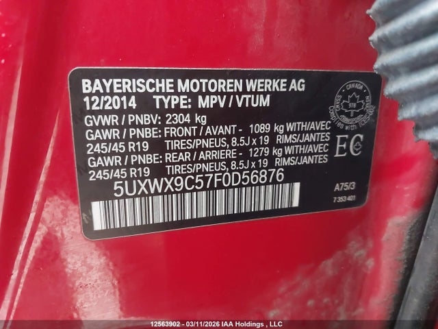 Aukcja sprzedaży 2015 Bmw X3 Xdrive28i, vin: 5UXWX9C57F0D56876, numer aukcji: 12563902