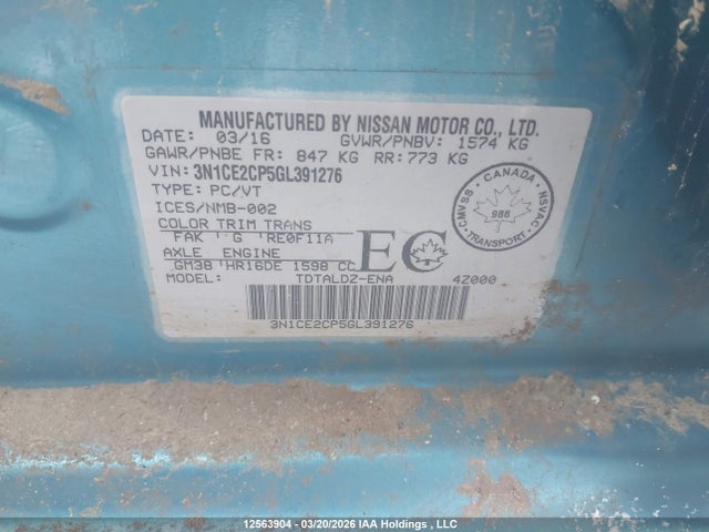 3N1CE2CP5GL391276 Nissan Versa Note 1.6 S/1.6 Sl/1.6 Sr/1.6 Sv