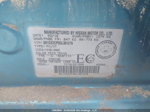 3N1CE2CP5GL391276 Nissan Versa Note 1.6 S/1.6 Sl/1.6 Sr/1.6 Sv