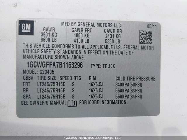 2011 Chevrolet Express 2500 Work Van მანქანა იყიდება აუქციონზე, vin: 1GCWGFFA7B1163296, აუქციონის ნომერი: 12563906