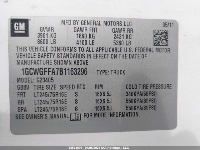 2011 Chevrolet Express 2500 Work Van მანქანა იყიდება აუქციონზე, vin: 1GCWGFFA7B1163296, აუქციონის ნომერი: 12563906