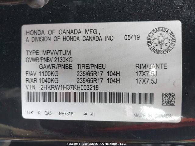 2HKRW1H37KH003218 Honda CR-V