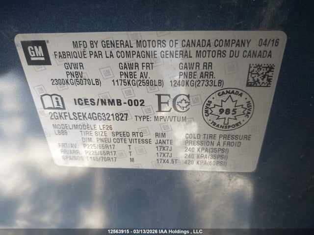 Продаж на аукціоні авто 2016 Gmc Terrain Sle-1, vin: 2GKFLSEK4G6321827, номер лоту: 12563915