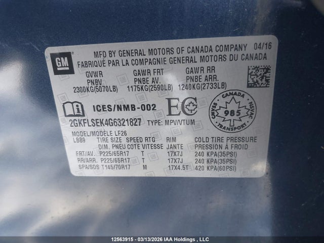 Продаж на аукціоні авто 2016 Gmc Terrain Sle-1, vin: 2GKFLSEK4G6321827, номер лоту: 12563915