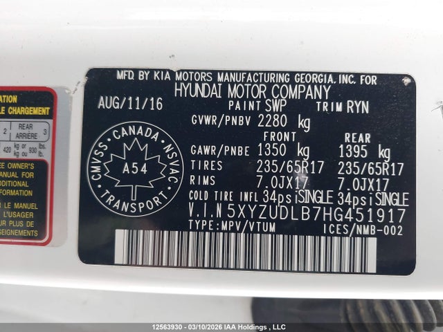 5XYZUDLB7HG451917 Hyundai Santa Fe