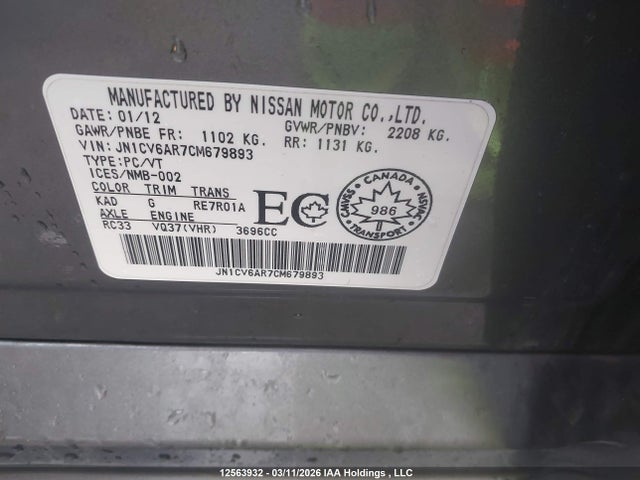 12563932 :رقم المزاد ، JN1CV6AR7CM679893 vin ، 2012 Infiniti G37 مزاد بيع