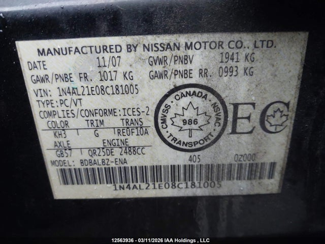 Продажа на аукционе авто 2008 Nissan Altima 2.5 S, vin: 1N4AL21E08C181005, номер лота: 12563936