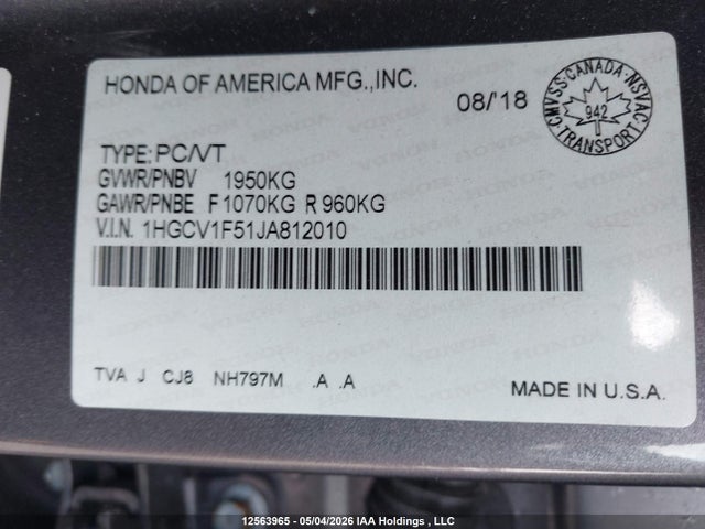 1HGCV1F51JA812010 Honda Accord