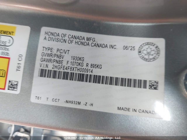12563967 :رقم المزاد ، 2HGFE4F8XTH000914 vin ، 2026 Honda Civic Hybrid مزاد بيع