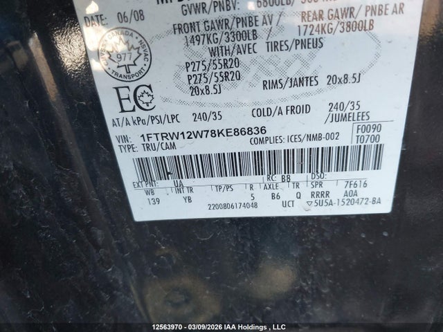 Aukcja sprzedaży 2008 Ford F-150 Xlt, vin: 1FTRW12W78KE86836, numer aukcji: 12563970