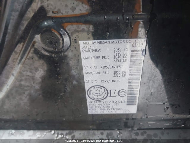 12563971 :رقم المزاد ، 5N1AT2MT7KC792513 vin ، 2019 Nissan Rogue S/sv مزاد بيع