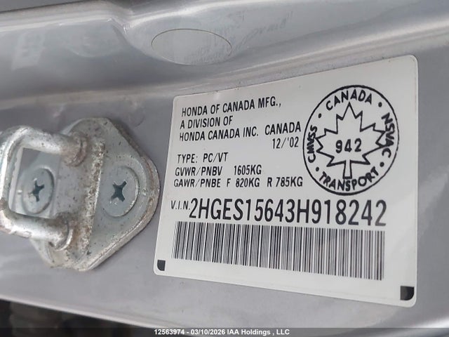 Aukcja sprzedaży 2003 Honda Civic Lx, vin: 2HGES15643H918242, numer aukcji: 12563974