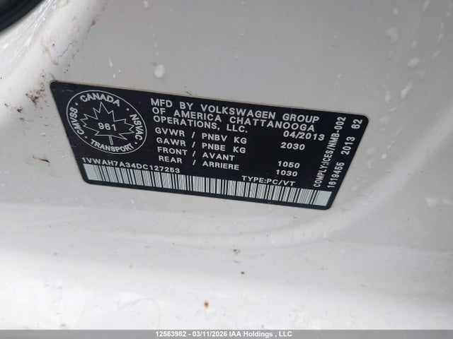12563982 :رقم المزاد ، 1VWAH7A34DC127253 vin ، 2013 Volkswagen Passat S مزاد بيع