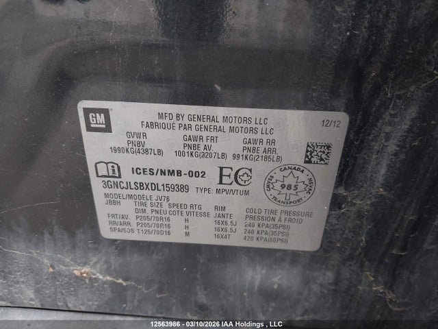 Aukcja sprzedaży 2013 Chevrolet Trax 1lt, vin: 3GNCJLSBXDL159389, numer aukcji: 12563986