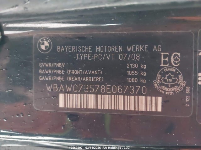 12563997 :رقم المزاد ، WBAWC73578E067370 vin ، 2008 Bmw 335xi مزاد بيع