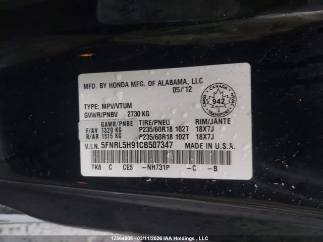 Aukcja sprzedaży 2012 Honda Odyssey, vin: 5FNRL5H91CB507347, numer aukcji: 12564005