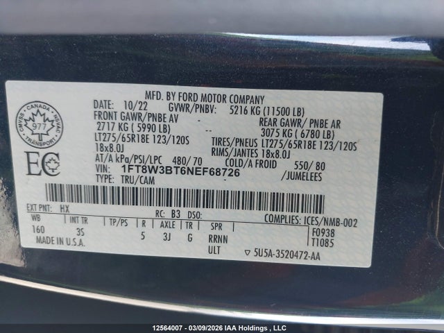 1FT8W3BT6NEF68726 Ford F350 Super Duty