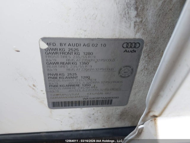 12564011 :رقم المزاد ، WA1LKCFP7AA083090 vin ، 2010 Audi Q5 مزاد بيع