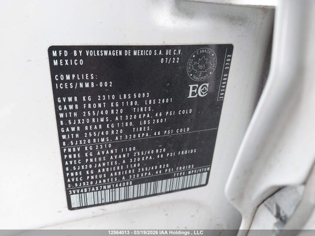 3VV4B7AX7NM144098 Volkswagen Tiguan Highline R-line