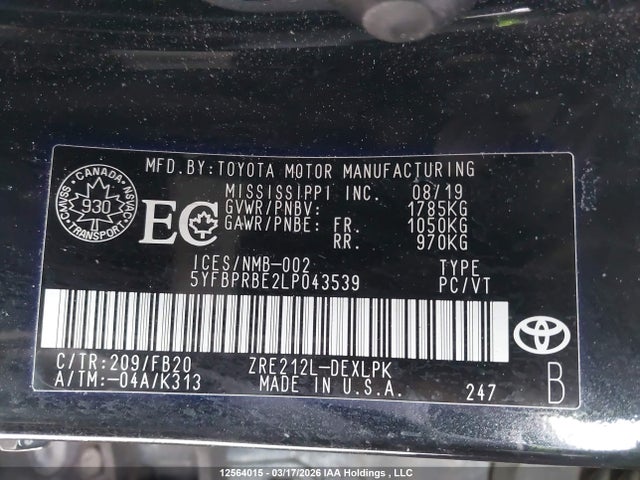 Aukcja sprzedaży 2020 Toyota Corolla Le, vin: 5YFBPRBE2LP043539, numer aukcji: 12564015