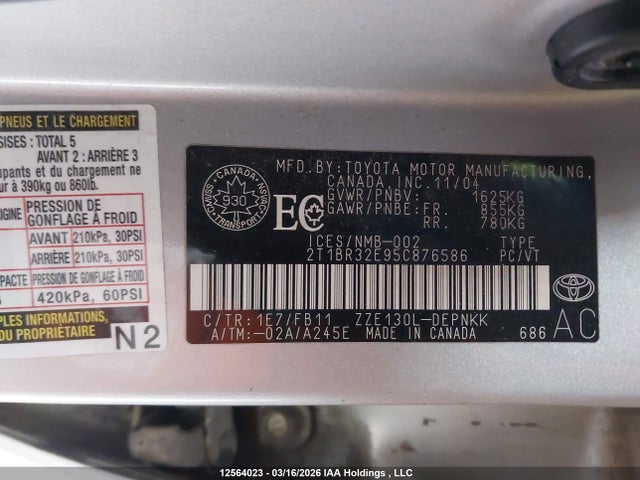 Aukcja sprzedaży 2005 Toyota Corolla, vin: 2T1BR32E95C876586, numer aukcji: 12564023