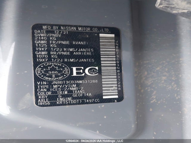 JN8BT3CB3NW331288 Nissan Rogue Sl