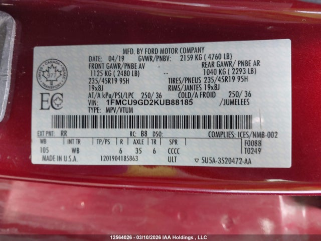 1FMCU9GD2KUB88185 Ford ESCAPE SE