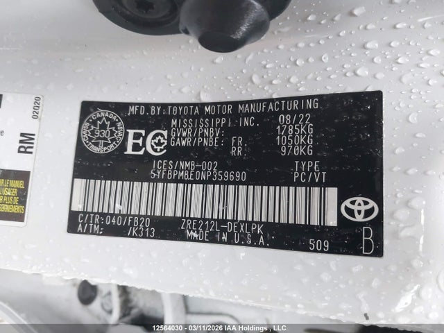 2022 Toyota Corolla Le/xle მანქანა იყიდება აუქციონზე, vin: 5YFBPMBE0NP359690, აუქციონის ნომერი: 12564030