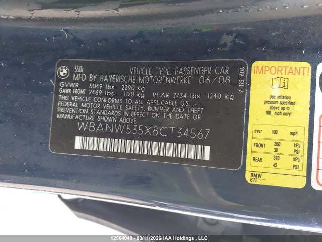 12564040 :رقم المزاد ، WBANW535X8CT34567 vin ، 2008 Bmw 550i مزاد بيع