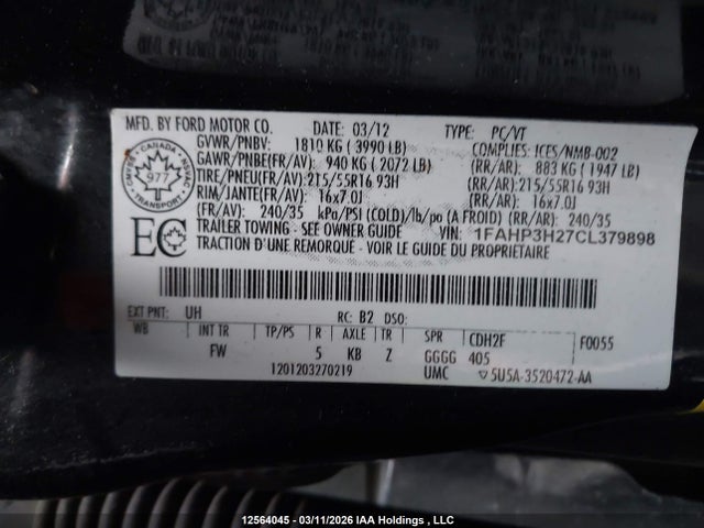 Продажа на аукционе авто 2012 Ford Focus Sel, vin: 1FAHP3H27CL379898, номер лота: 12564045
