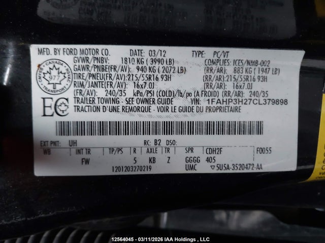 Продажа на аукционе авто 2012 Ford Focus Sel, vin: 1FAHP3H27CL379898, номер лота: 12564045