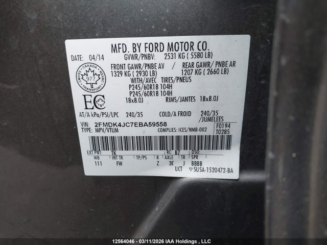 2014 Ford Edge Sel მანქანა იყიდება აუქციონზე, vin: 2FMDK4JC7EBA59558, აუქციონის ნომერი: 12564046