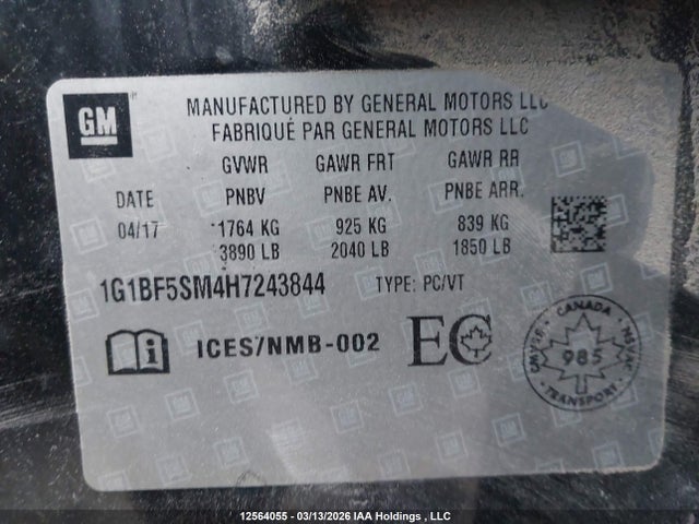 1G1BF5SM4H7243844 Chevrolet Cruze Premier