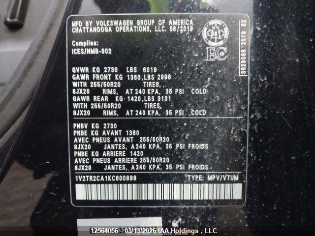 Aukcja sprzedaży 2019 Volkswagen Atlas Sel Premium, vin: 1V2TR2CA1KC600898, numer aukcji: 12564056