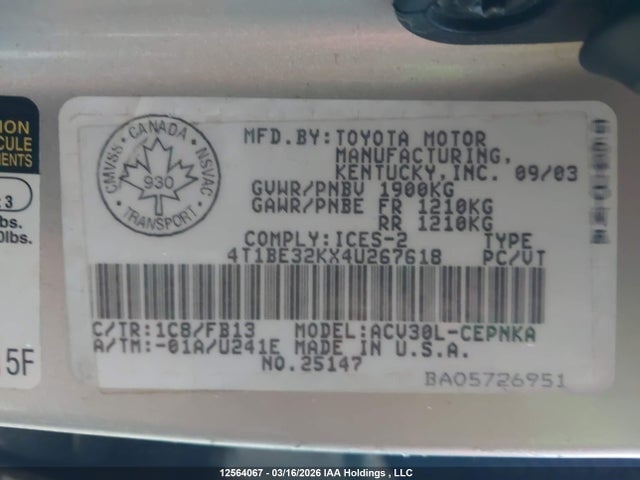2004 Toyota Camry Le/se/xle მანქანა იყიდება აუქციონზე, vin: 4T1BE32KX4U267618, აუქციონის ნომერი: 12564067