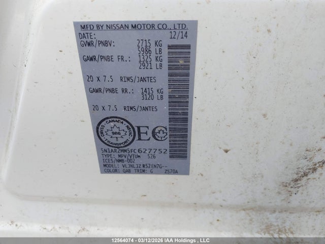 Продажа на аукционе авто 2015 Nissan Pathfinder Platinum/s/sl/sv, vin: 5N1AR2MM5FC627752, номер лота: 12564074