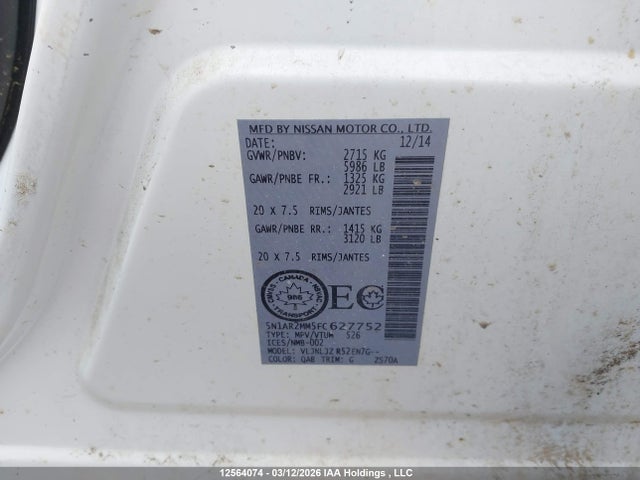 Продажа на аукционе авто 2015 Nissan Pathfinder Platinum/s/sl/sv, vin: 5N1AR2MM5FC627752, номер лота: 12564074