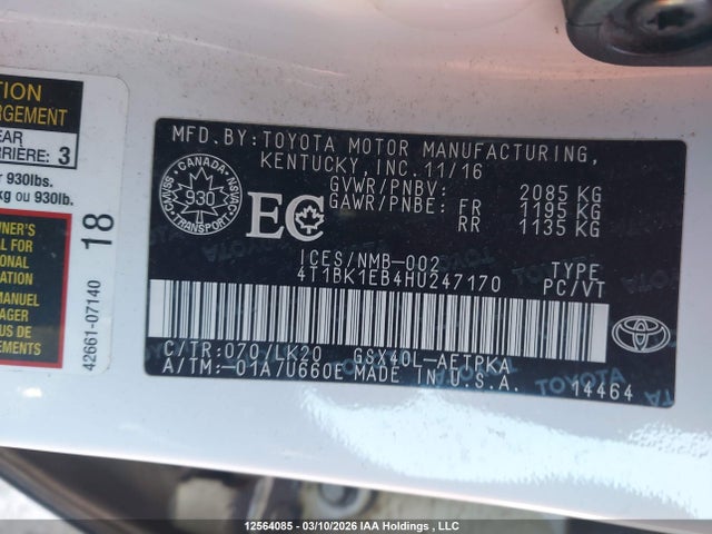 4T1BK1EB4HU247170 Toyota Avalon Xle Plus/premium/tour/ltd