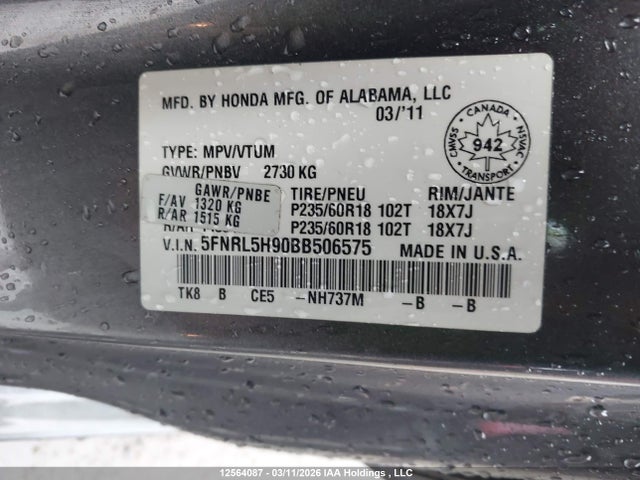 Aukcja sprzedaży 2011 Honda Odyssey, vin: 5FNRL5H90BB506575, numer aukcji: 12564087
