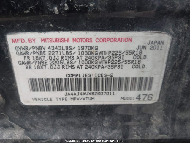 2011 Mitsubishi Rvr მანქანა იყიდება აუქციონზე, vin: JA4AJ4AUXBZ607011, აუქციონის ნომერი: 12564095