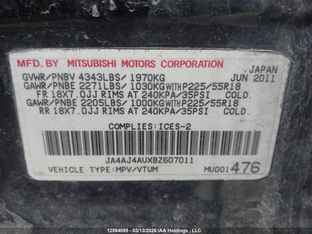 2011 Mitsubishi Rvr მანქანა იყიდება აუქციონზე, vin: JA4AJ4AUXBZ607011, აუქციონის ნომერი: 12564095