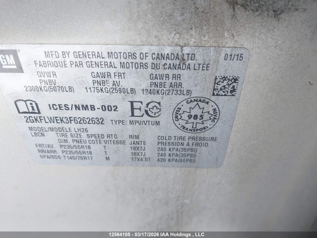 Aukcja sprzedaży 2015 Gmc Terrain Sle, vin: 2GKFLWEK3F6262632, numer aukcji: 12564105