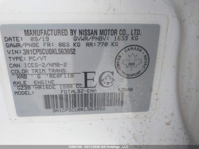 3N1CP5CU0KL563952 Nissan Kicks S/sr/sv