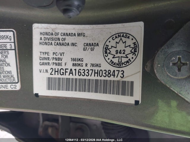 Продаж на аукціоні авто 2007 Honda Civic Dx, vin: 2HGFA16337H038473, номер лоту: 12564112