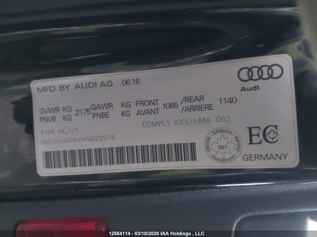 Продаж на аукціоні авто 2017 Audi A4 Premium, vin: WAUANAF4XHN022976, номер лоту: 12564114