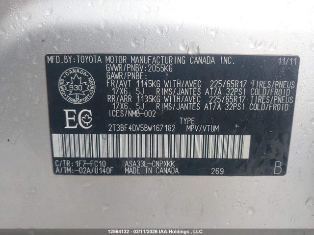 12564132 :رقم المزاد ، 2T3BF4DV5BW167182 vin ، 2011 Toyota Rav4 مزاد بيع